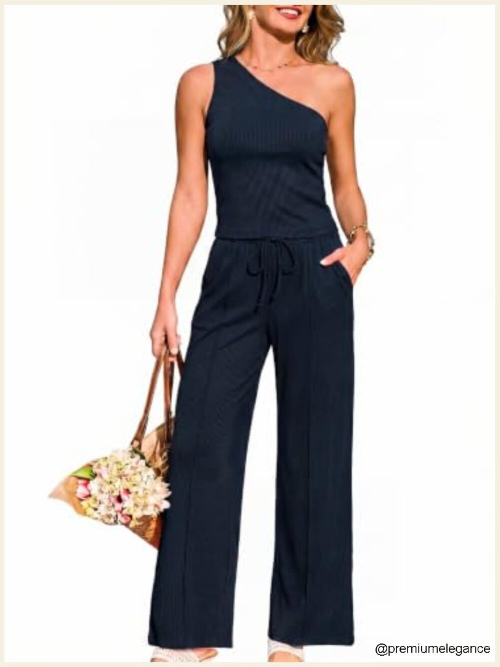 Casly Lamiit Women's 2 Piece Ribbed Knit Lounge Set One Shoulder Top Wide Leg